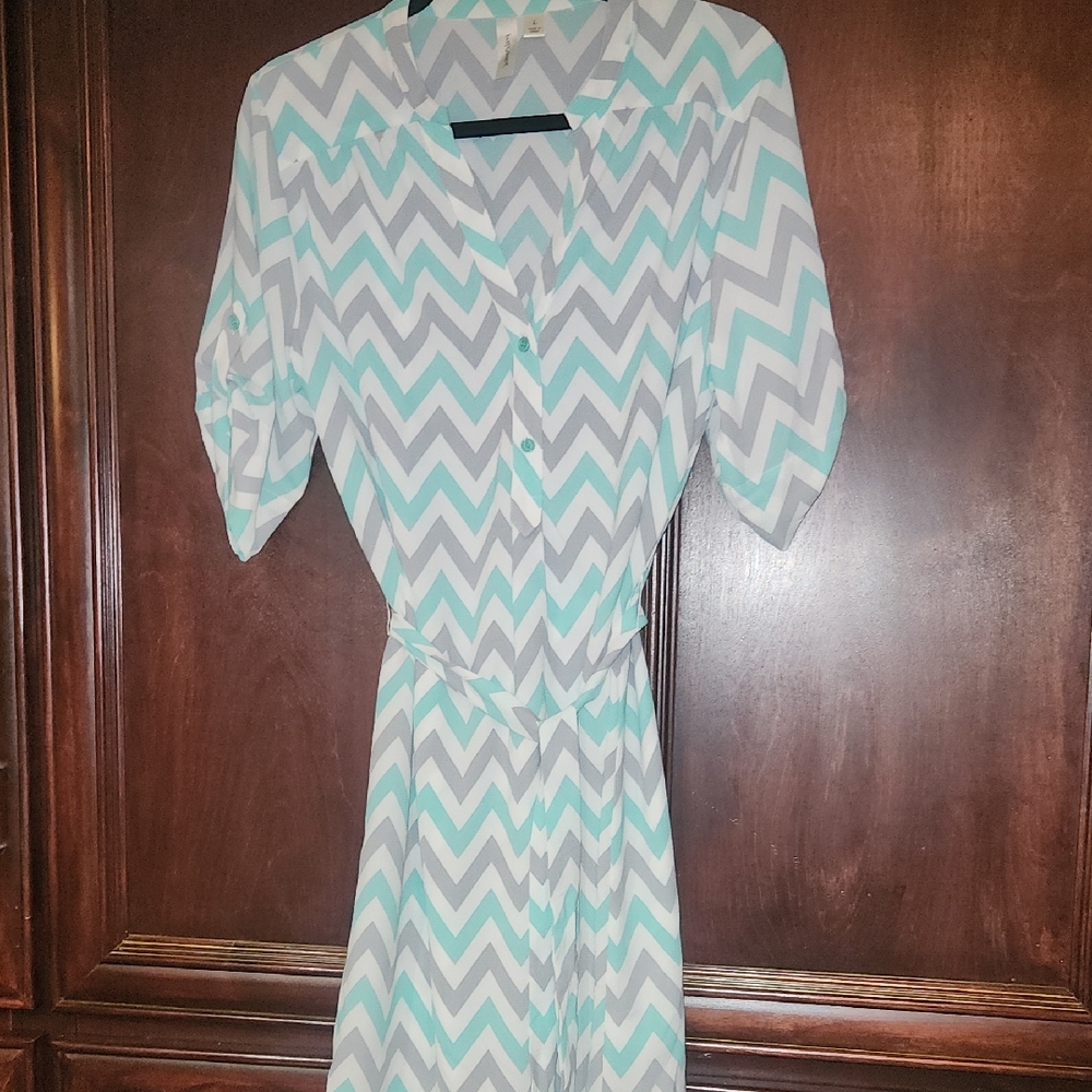 Tacera Aqua and White Chevron Dress